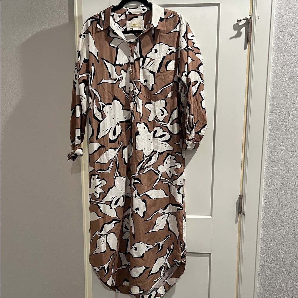Maeve Brown and White Floral Button-Front Long Sleeve Dress